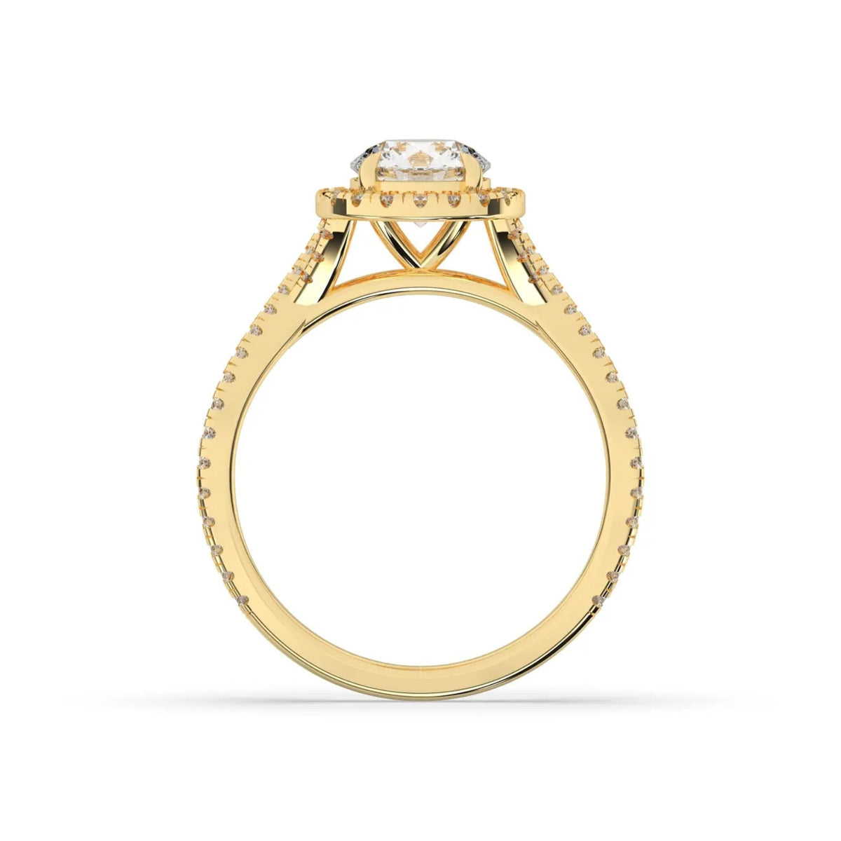 A yellow gold ring with a round-cut diamond center stone and small pavé diamonds along the shoulders, shown on a clean white background.