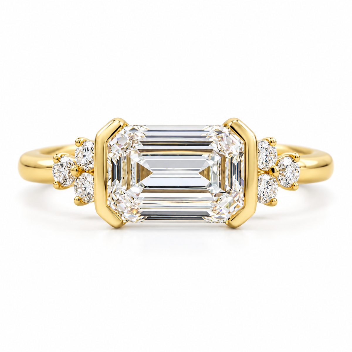 emerald lab grown diamond engagement ring in gold, three-quarter view