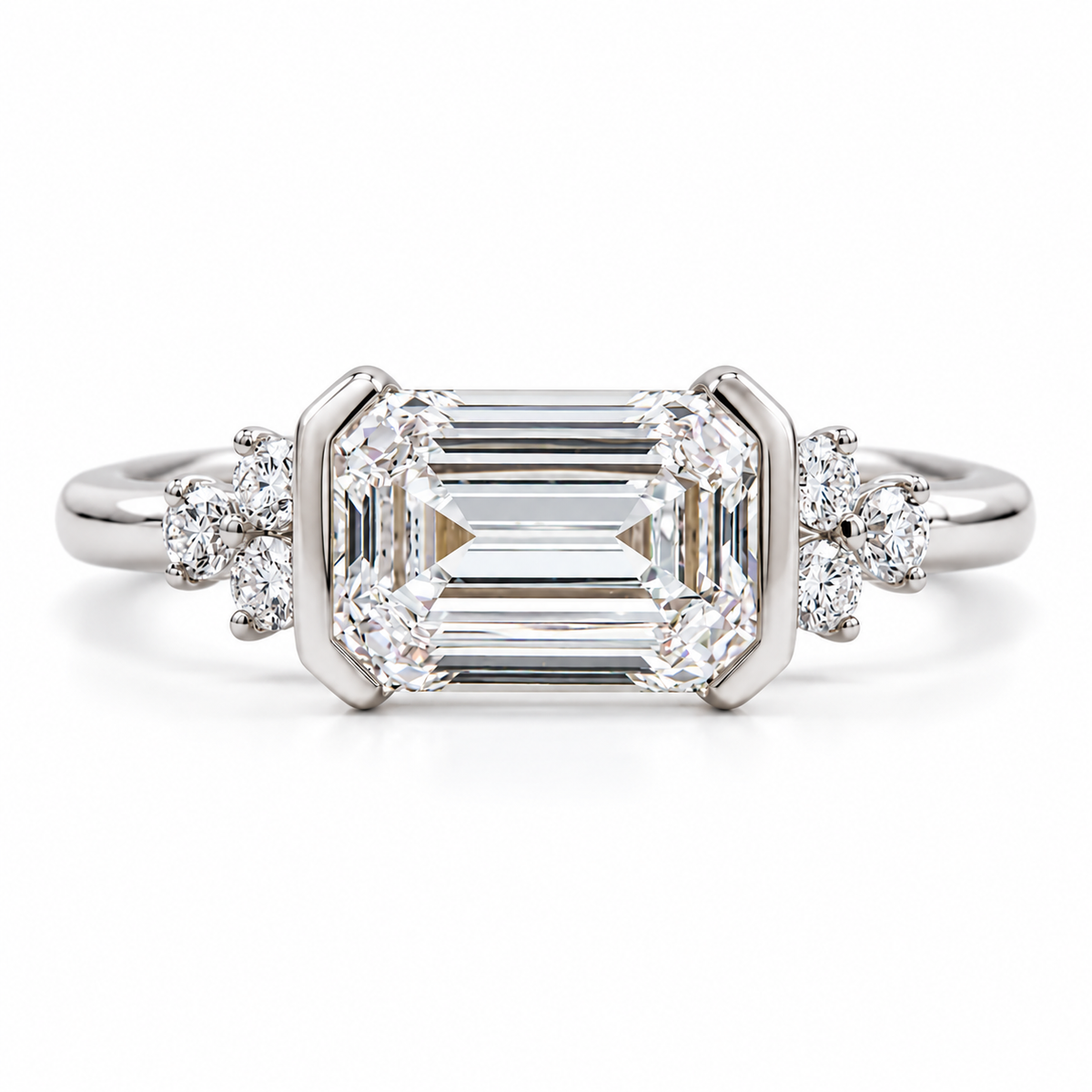 emerald lab grown diamond engagement ring in gold, side profile