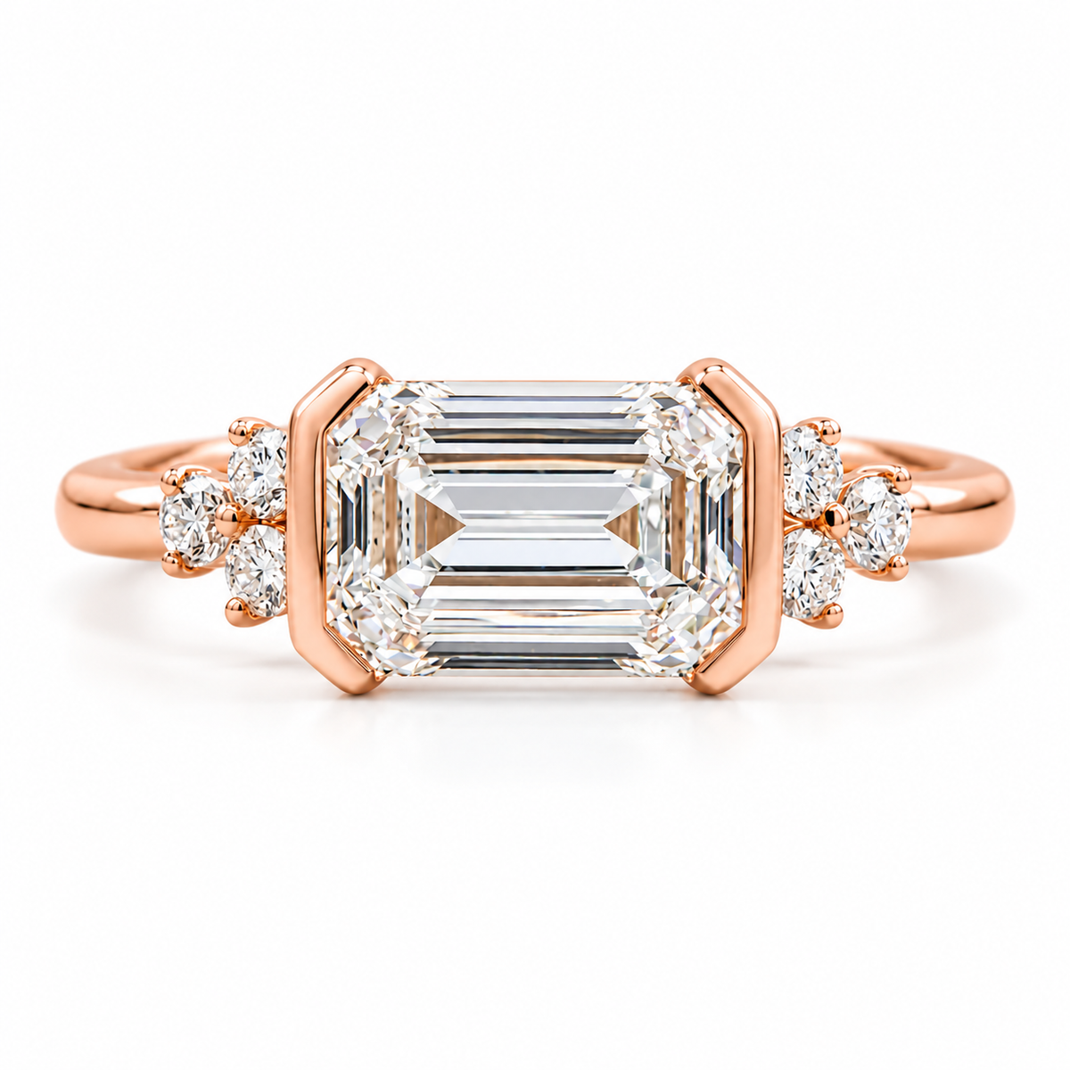 emerald lab grown diamond engagement ring in gold, detail of the setting
