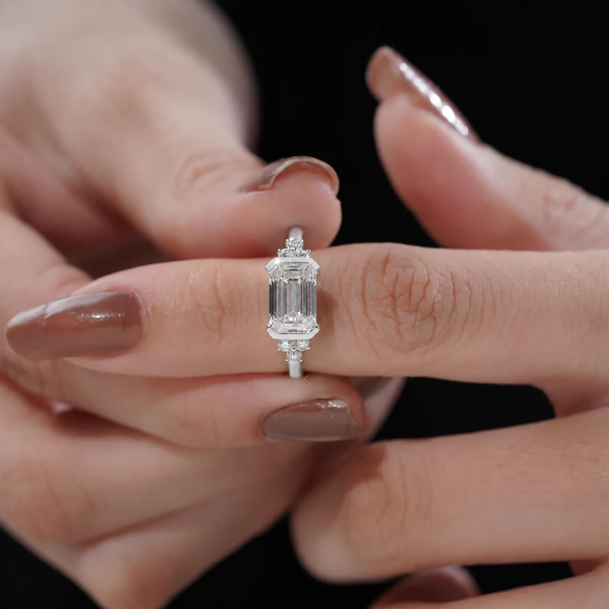 emerald lab grown diamond engagement ring in gold, on-hand