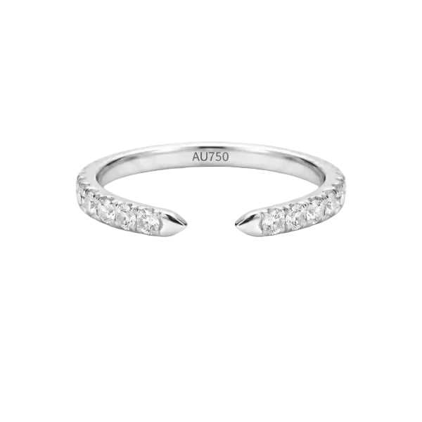 A silver-toned open cuff ring with pavé-set clear stones on both ends, shown on a plain white background. The inside of the band is stamped with 'AU750'.