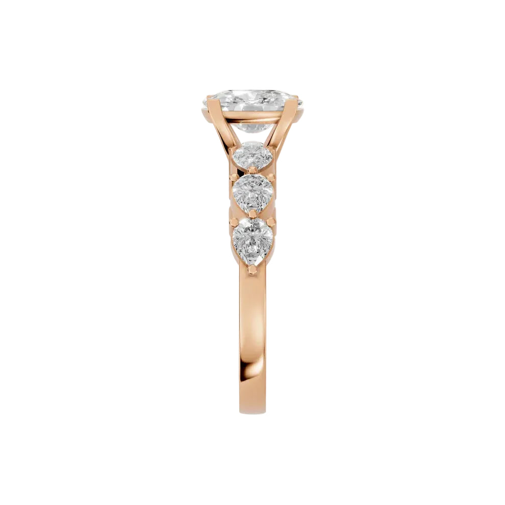 Round Cut Lab Grown Diamond & Moissanite Three Stone Engagement Ring with Pear Side Stones