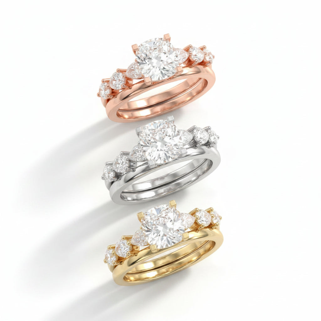 Round Cut Lab Grown Diamond & Moissanite Three Stone Engagement Ring with Pear Side Stones