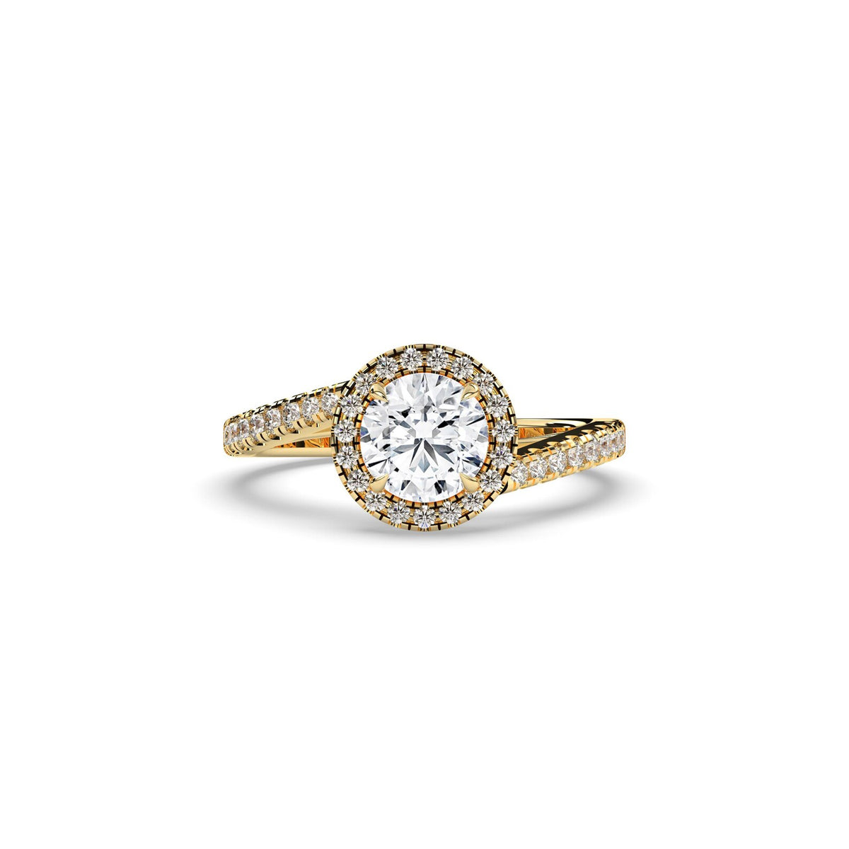 round lab grown diamond engagement ring in gold, three-quarter view