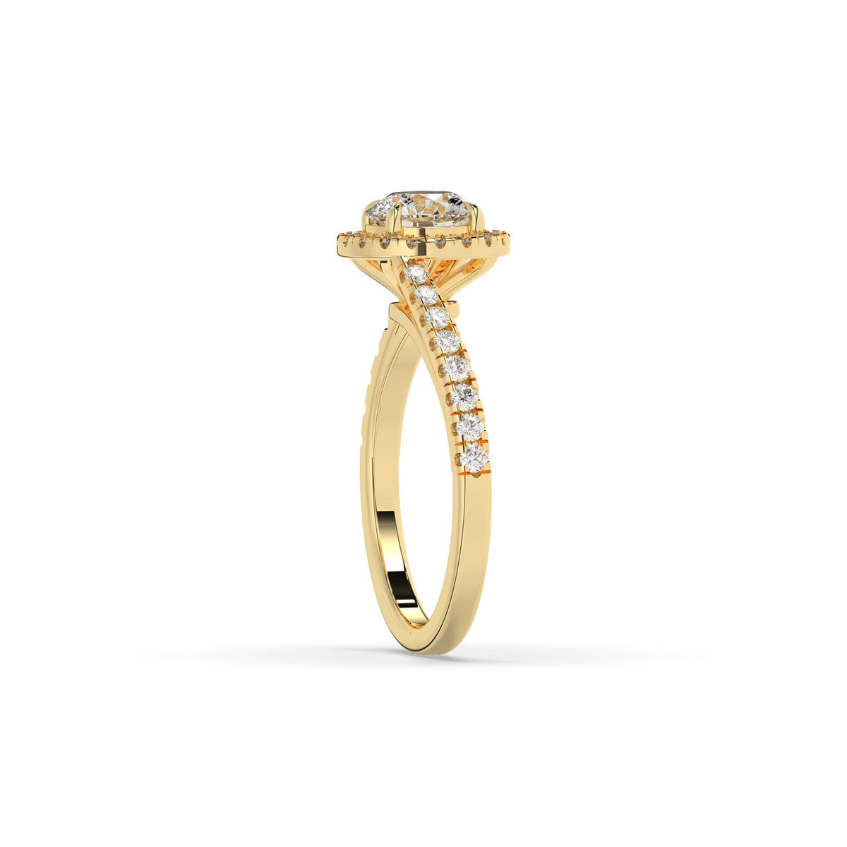round lab grown diamond engagement ring in gold, top view