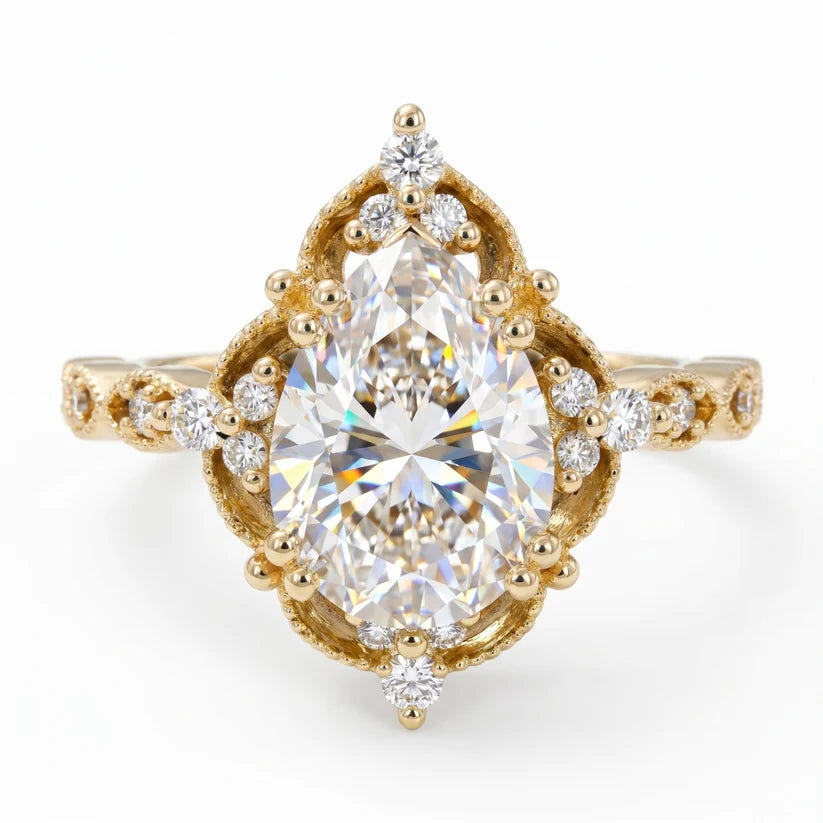 Pear Cut Halo Engagement Ring Lab Grown & Moissanite Diamond Vintage Inspired Floral Pave Wedding Ring