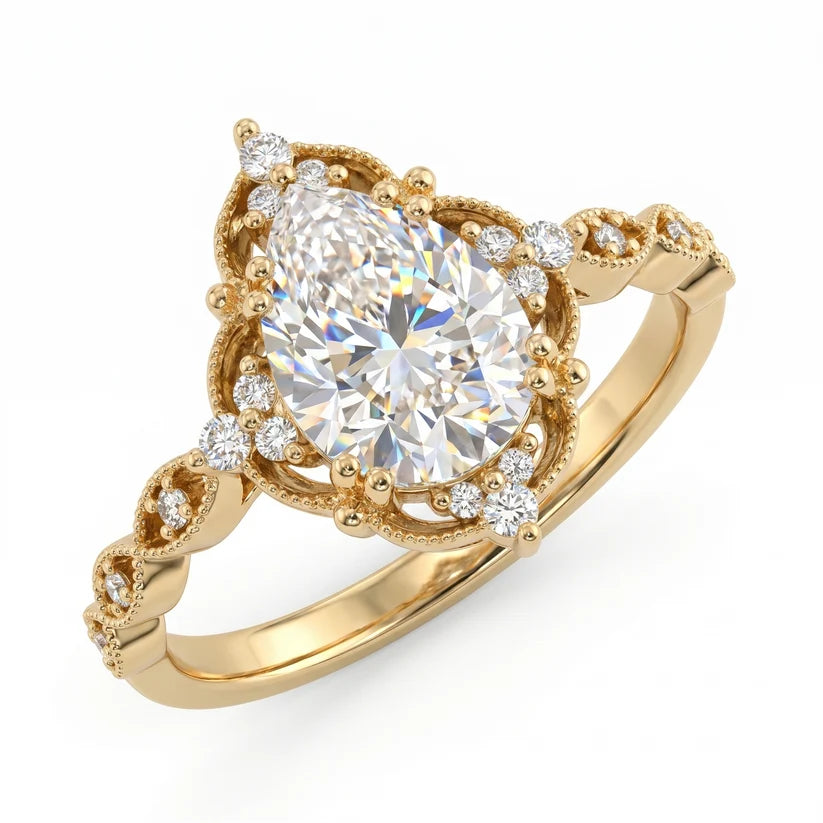 Pear Cut Halo Engagement Ring Lab Grown & Moissanite Diamond Vintage Inspired Floral Pave Wedding Ring
