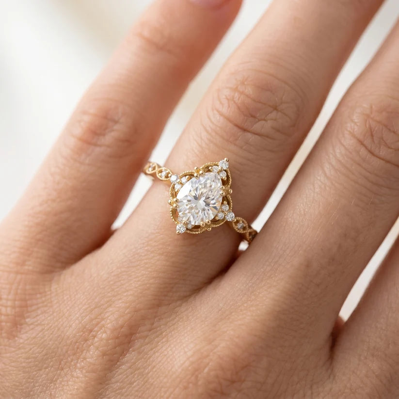 Pear Cut Halo Engagement Ring Lab Grown & Moissanite Diamond Vintage Inspired Floral Pave Wedding Ring