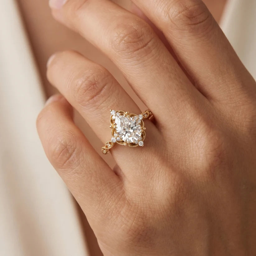 Pear Cut Halo Engagement Ring Lab Grown & Moissanite Diamond Vintage Inspired Floral Pave Wedding Ring
