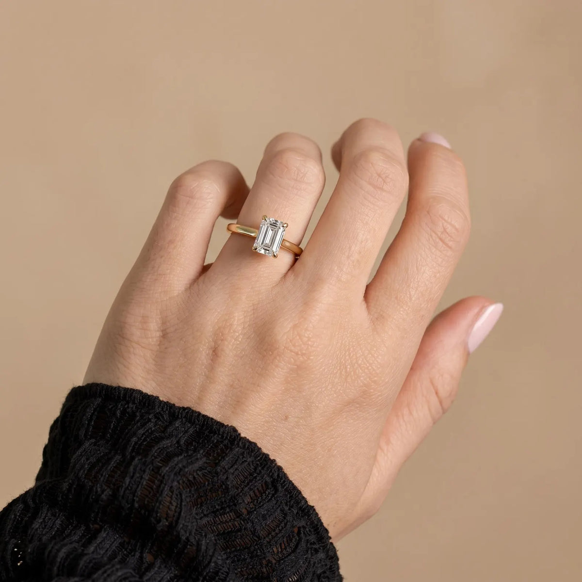 Emerald Cut Hidden Halo Solitaire Engagement Ring – Lab Grown Diamond & Moissanite