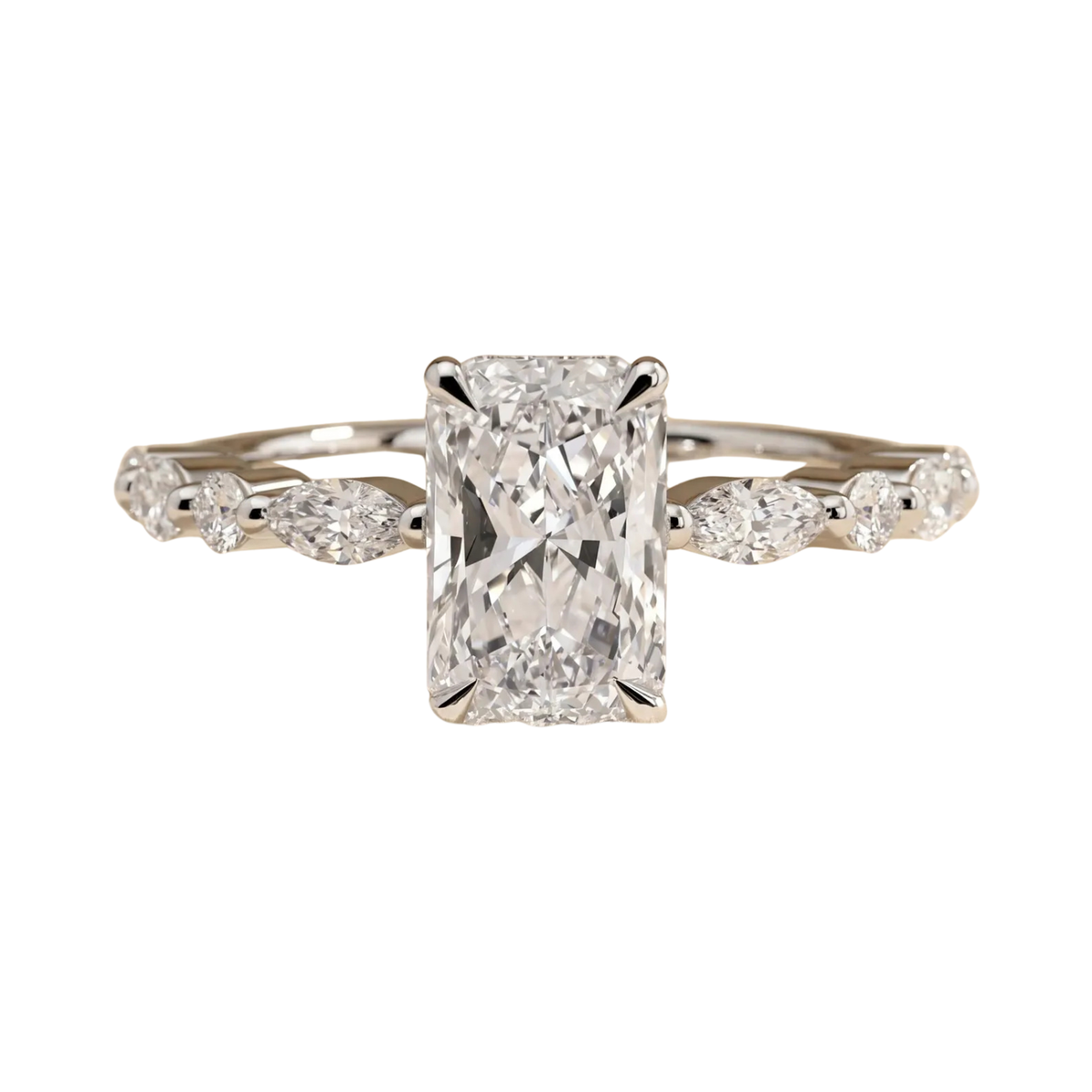 radiant lab grown diamond engagement ring in silver, three-quarter view