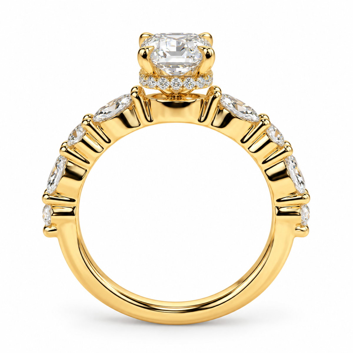 Radiant Cut Engagement Ring Marquise & Round Accent Stones Hidden Halo