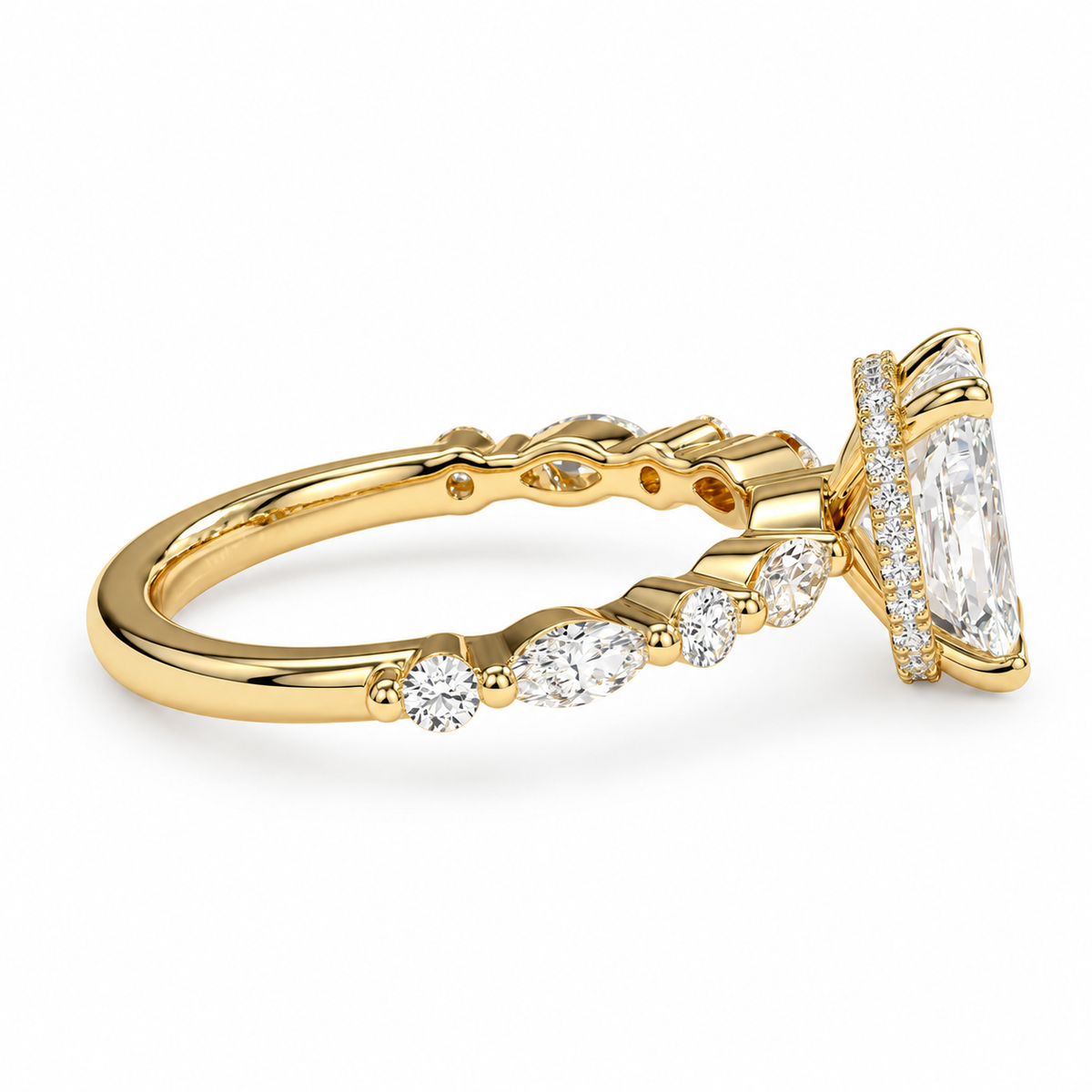 Radiant Cut Engagement Ring Marquise & Round Accent Stones Hidden Halo
