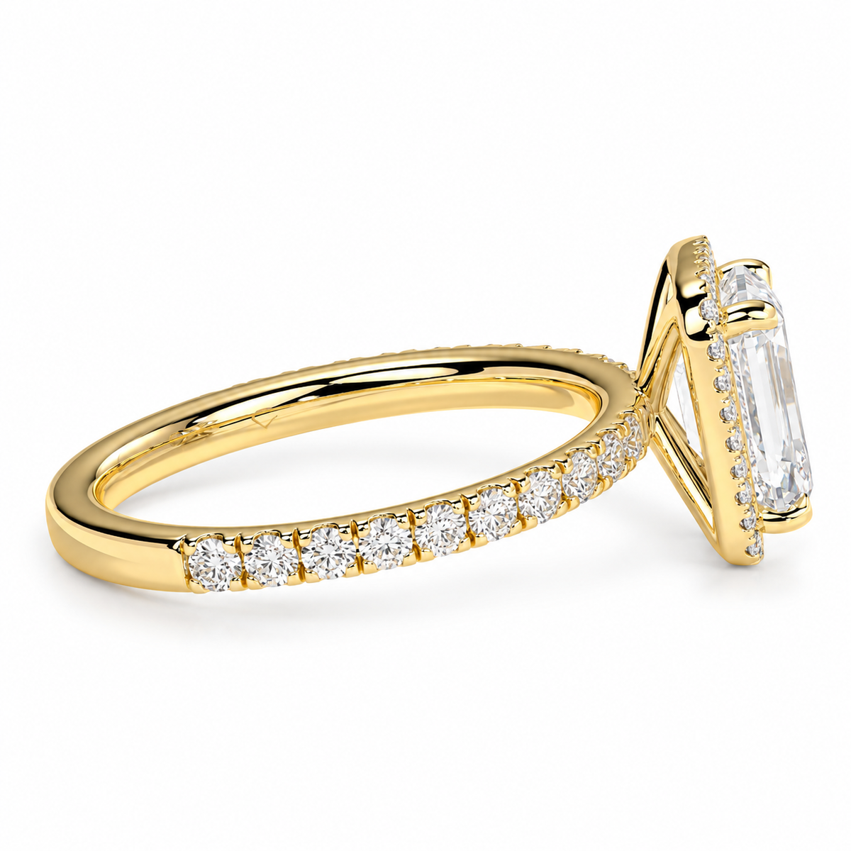 Emerald Cut Lab Grown Diamond & Moissanite Halo Engagement Ring with Pavé Band