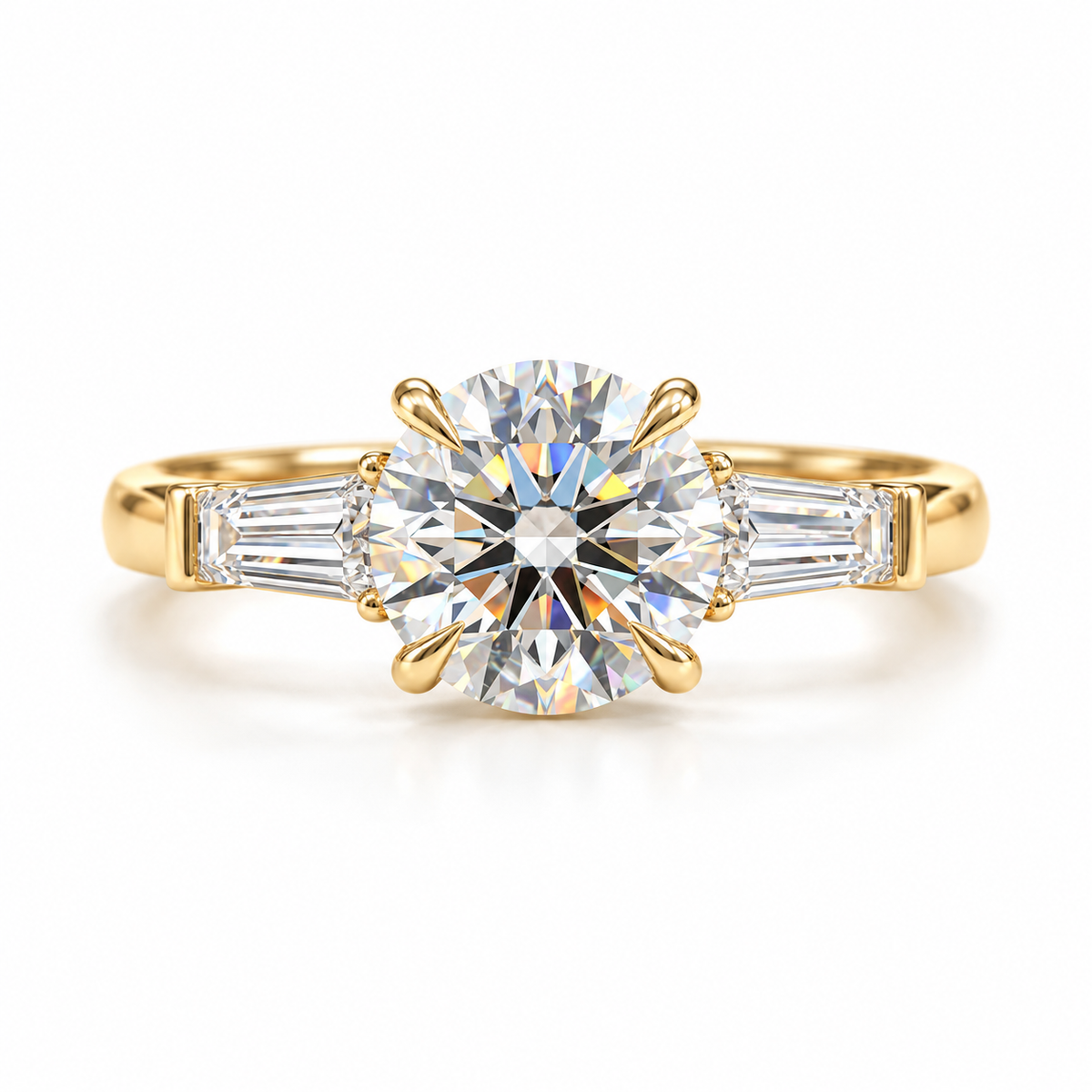 round lab grown diamond engagement ring in silver, three-quarter view