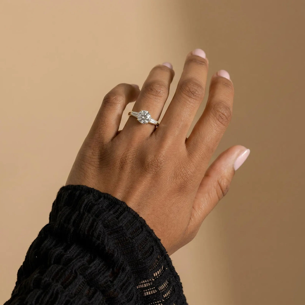 Diamond Engagement Ring Round Solitaire with Baguette Side Stones