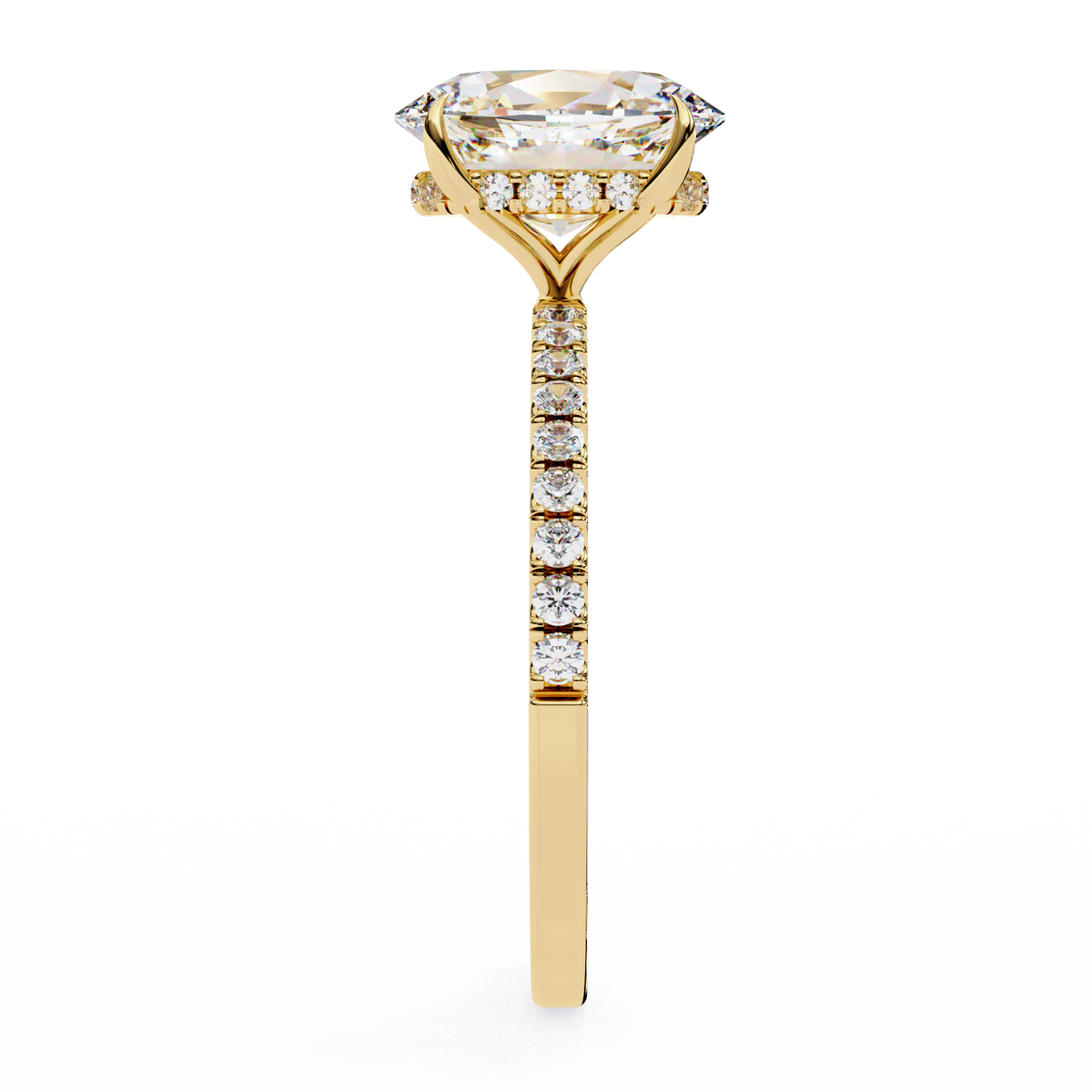 oval lab grown diamond engagement ring in 18K gold, side profile