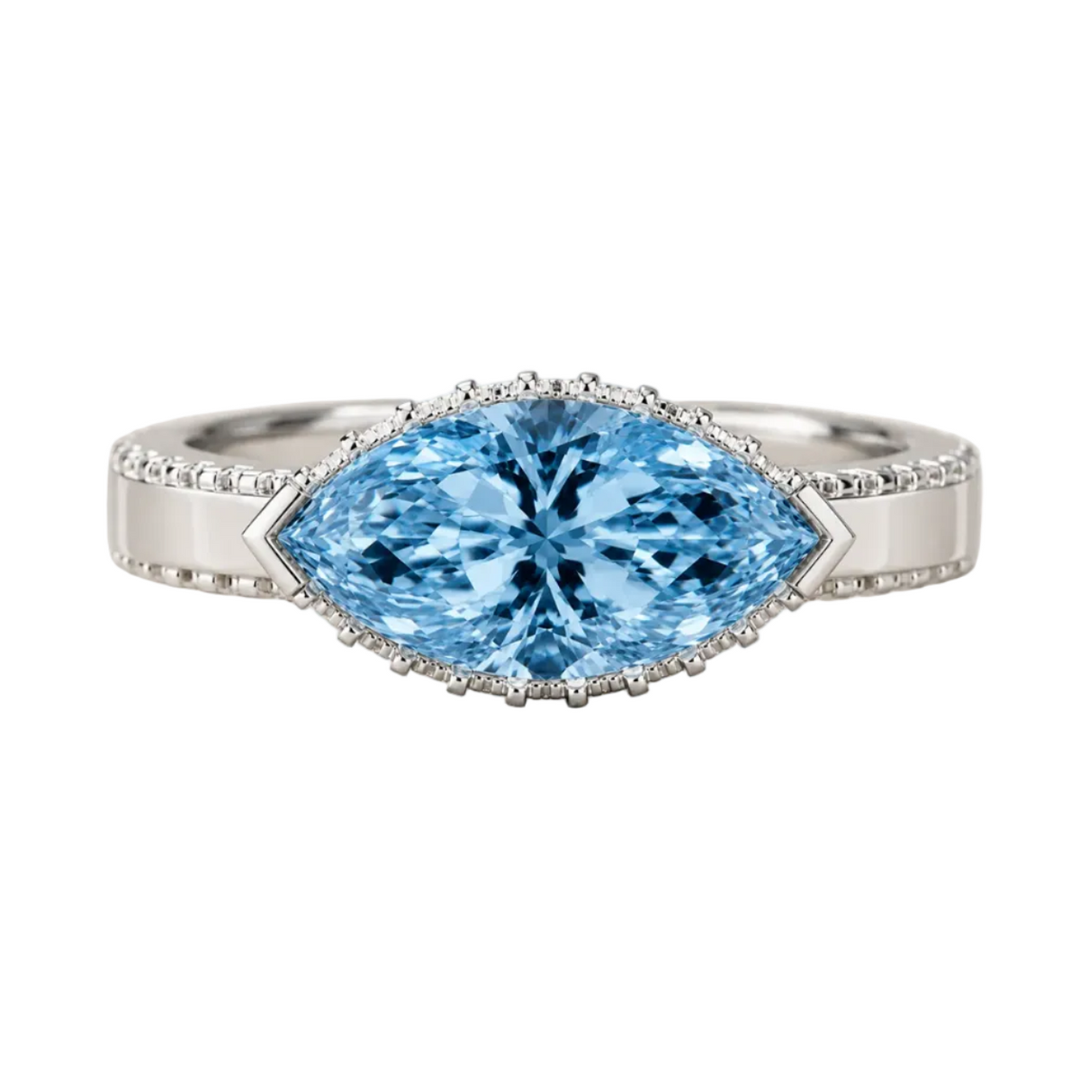 Marquise Cut Blue Gemstone Hidden Halo Ring – Lab Grown Diamond & Moissanite