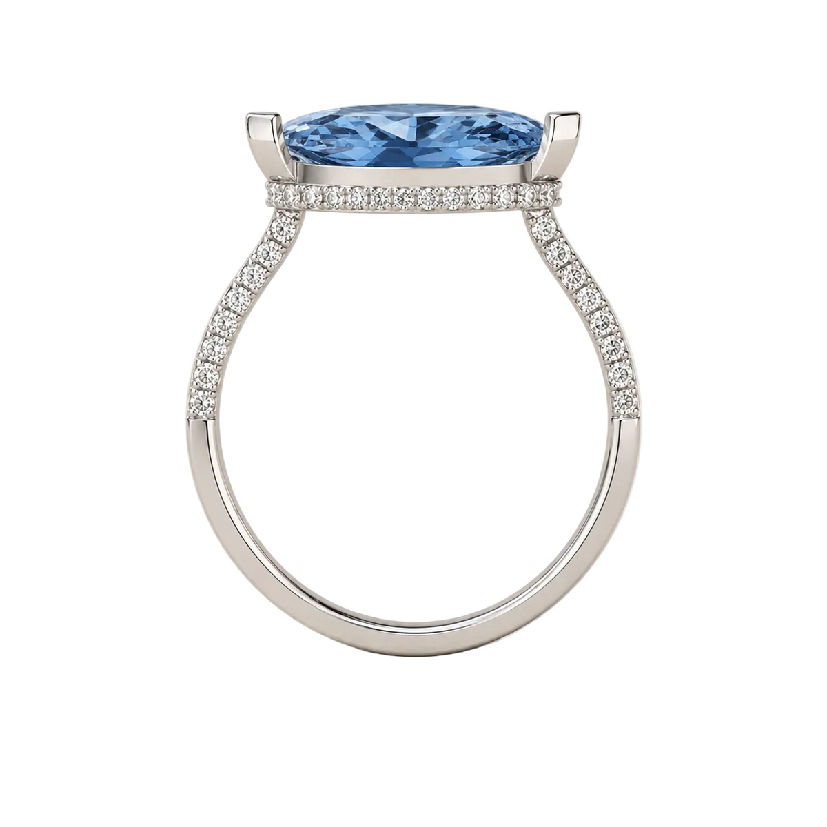 Marquise Cut Blue Gemstone Hidden Halo Ring – Lab Grown Diamond & Moissanite