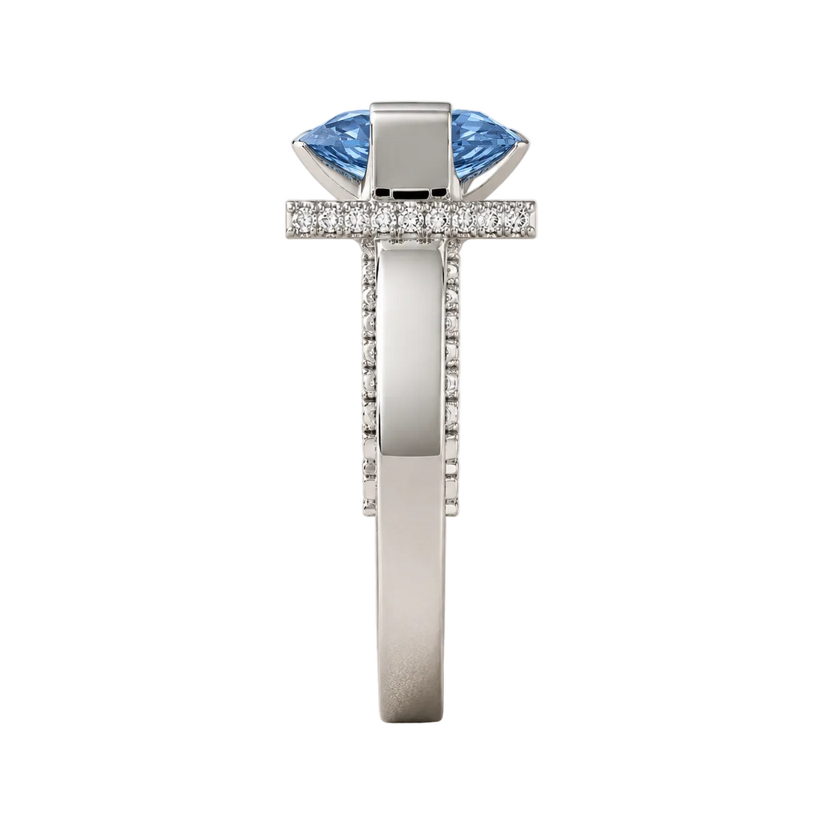 Marquise Cut Blue Gemstone Hidden Halo Ring – Lab Grown Diamond & Moissanite