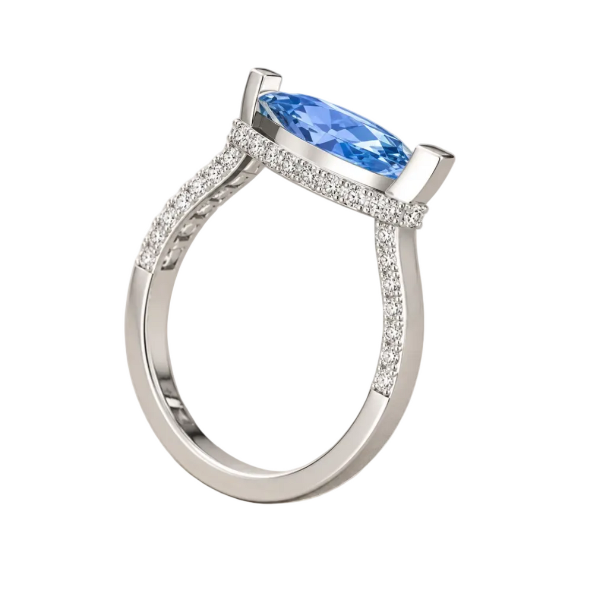 Marquise Cut Blue Gemstone Hidden Halo Ring – Lab Grown Diamond & Moissanite
