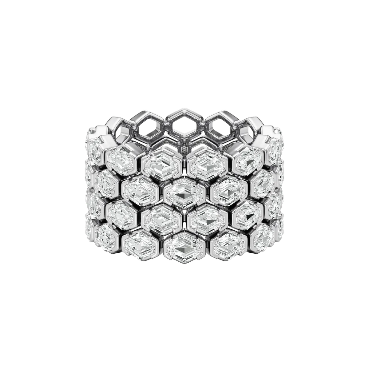 hexagon lab grown diamond half eternity band in silver, three-quarter view