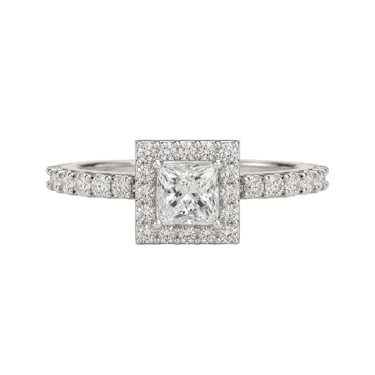 Princess Cut Halo Engagement Ring with Pavé Band - Lab Grown Diamond And Moissanite