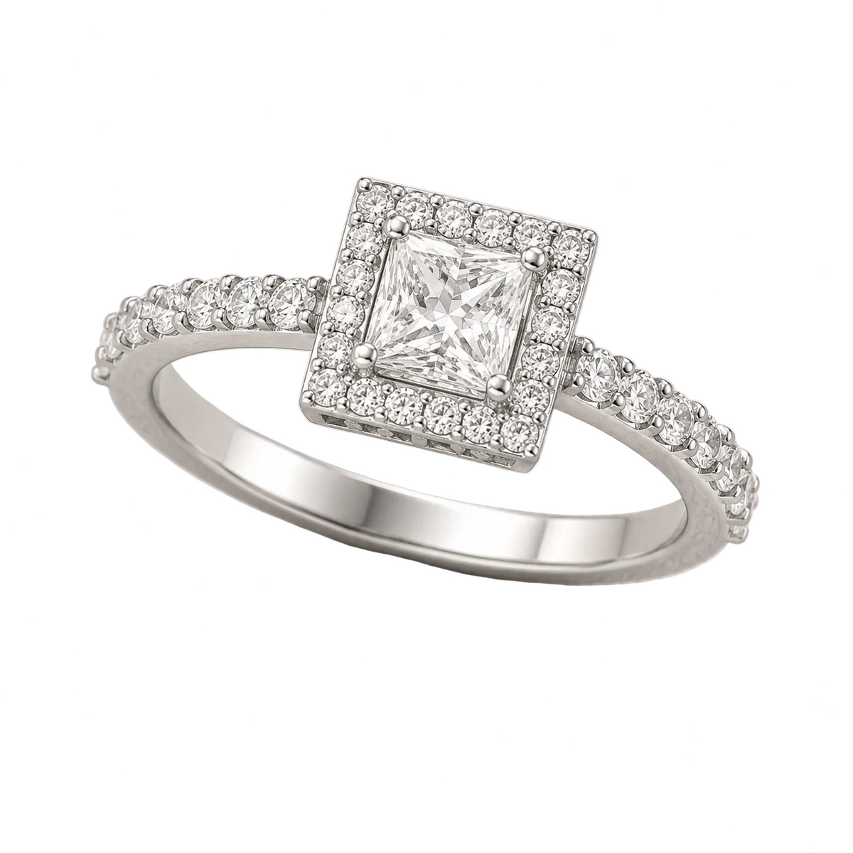 Princess Cut Halo Engagement Ring with Pavé Band - Lab Grown Diamond And Moissanite