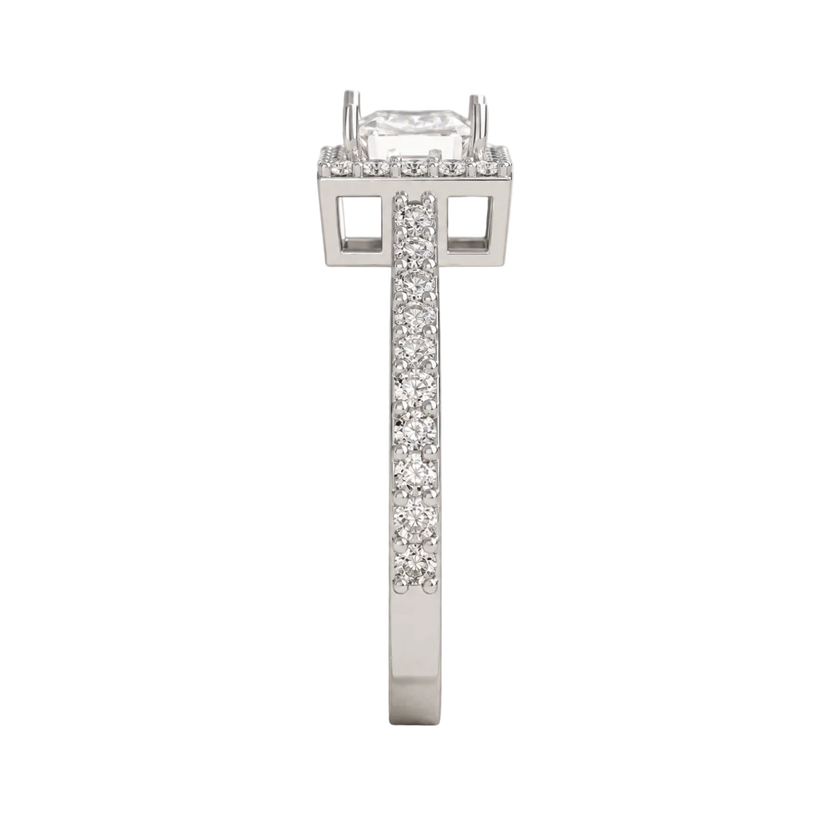 Princess Cut Halo Engagement Ring with Pavé Band - Lab Grown Diamond And Moissanite