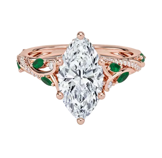 Begonia Vine Marquise Cut Diamond and Lab Emerald Ring