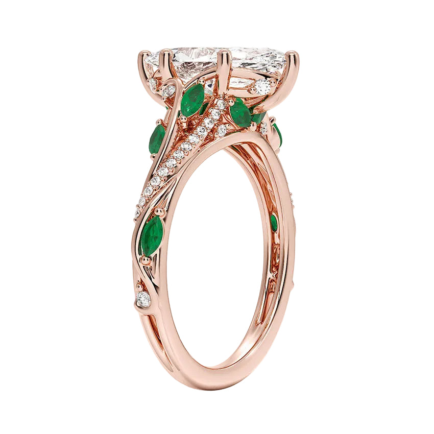 Begonia Vine Marquise Cut Diamond and Lab Emerald Ring