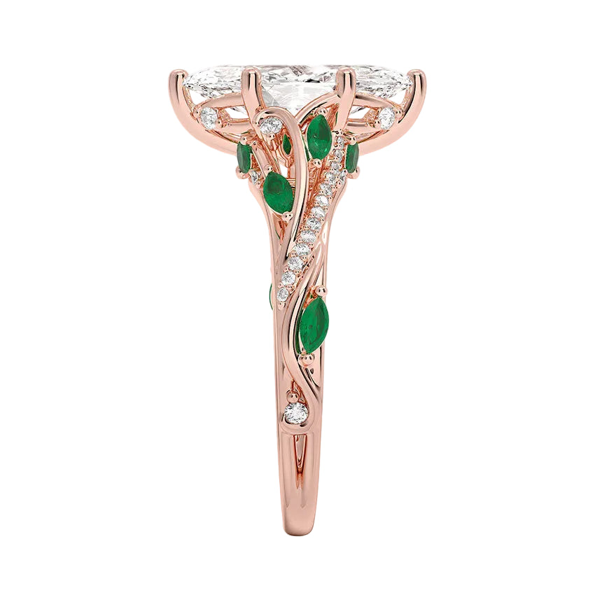 Begonia Vine Marquise Cut Diamond and Lab Emerald Ring