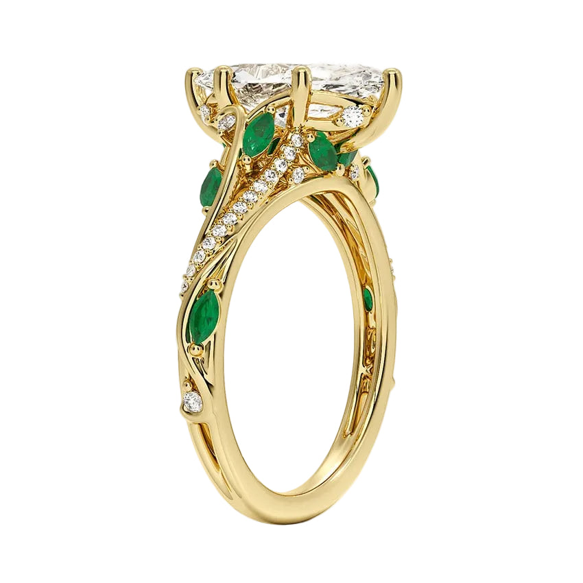 Begonia Vine Marquise Cut Diamond and Lab Emerald Ring
