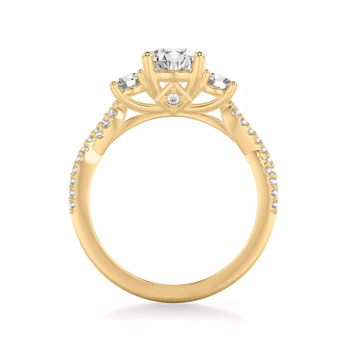 Round Cut Three Stone Engagement Ring with Round Pavé Band-Lab Grown Diamond & Moissanite