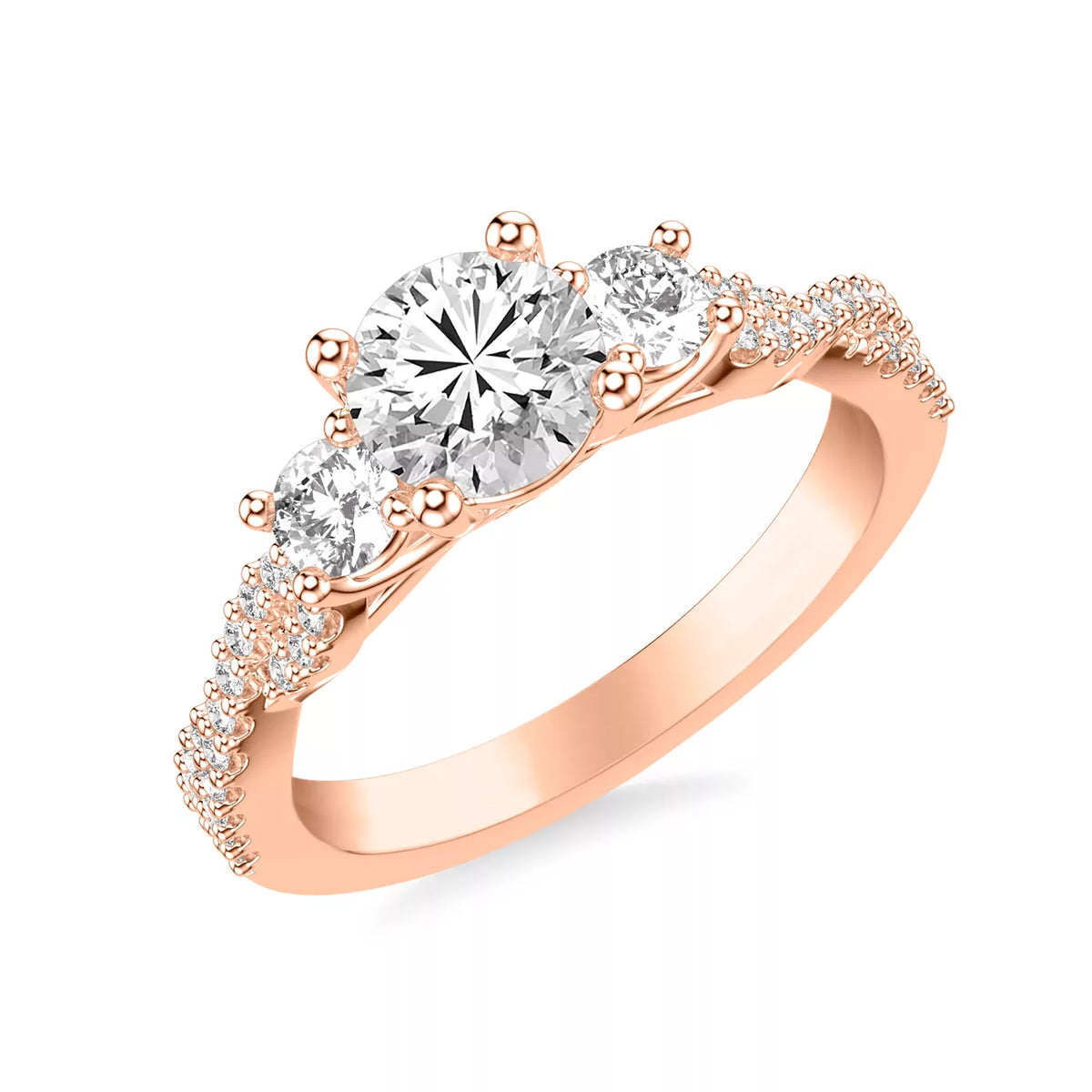 Round Cut Three Stone Engagement Ring with Round Pavé Band-Lab Grown Diamond & Moissanite