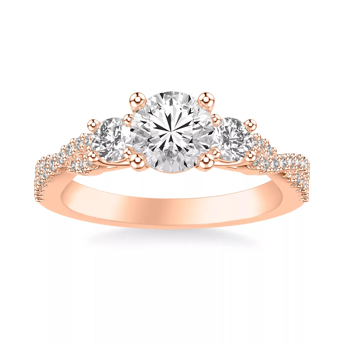 Round Cut Three Stone Engagement Ring with Round Pavé Band-Lab Grown Diamond & Moissanite