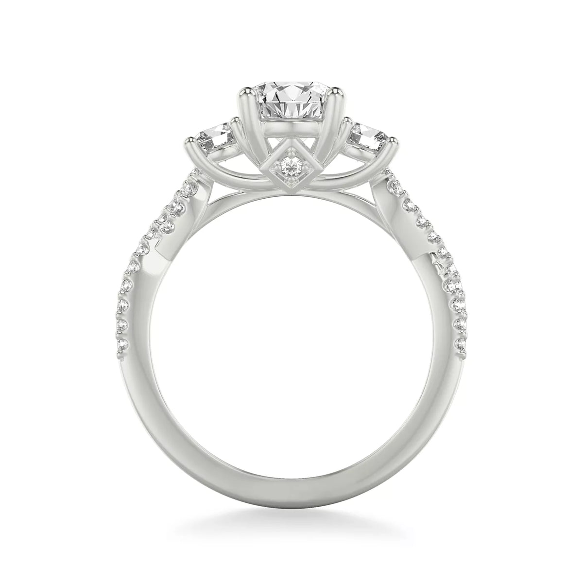 Round Cut Three Stone Engagement Ring with Round Pavé Band-Lab Grown Diamond & Moissanite