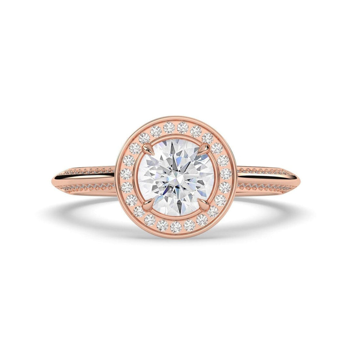 A rose gold engagement ring featuring a round-cut center stone surrounded by a halo of small pavé-set diamonds, with a shank decorated with micro-pavé diamonds, shown on a clean white background.