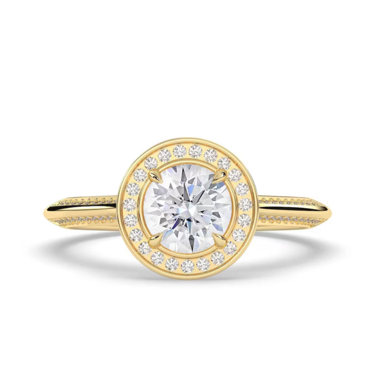 A yellow gold halo ring featuring a round-cut center stone surrounded by a halo of small pavé-set diamonds, with a shank decorated with micro-pavé diamonds, shown on a clean white background.