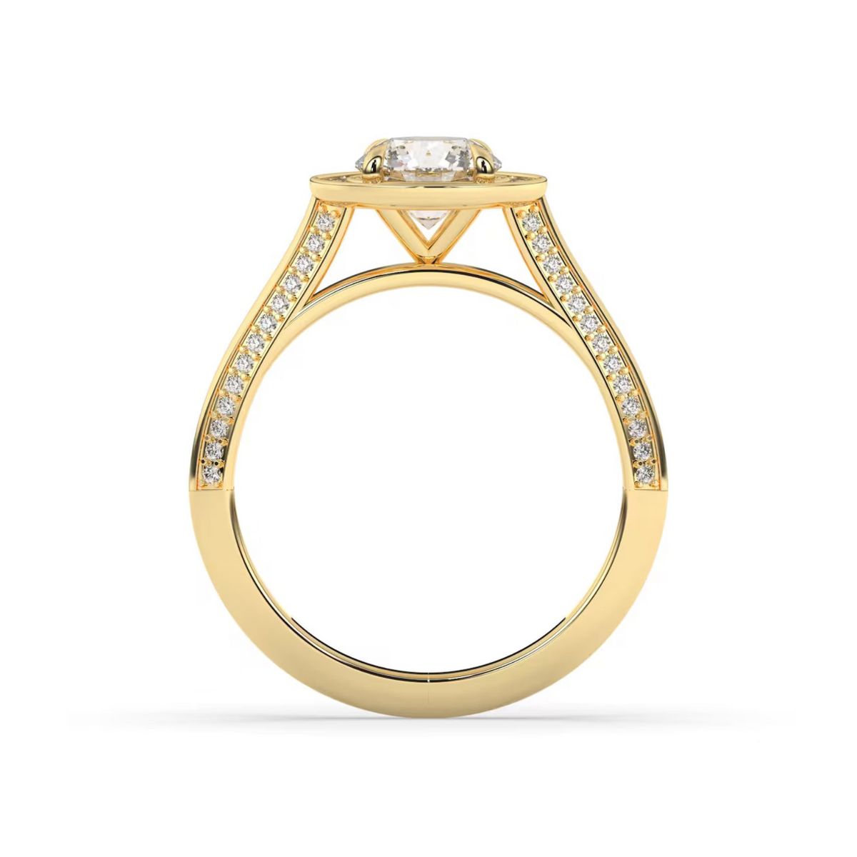 A yellow gold diamond engagement ring with a round-cut center stone and pavé-set diamonds along the shank, shown on a clean white background.