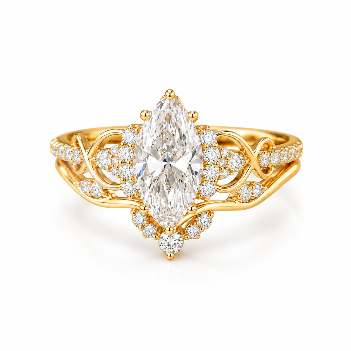 1CT Marquise cut Lab Grown Diamond engagement ring set Unique Yellow gold Twist Dainty Diamond bridal set
