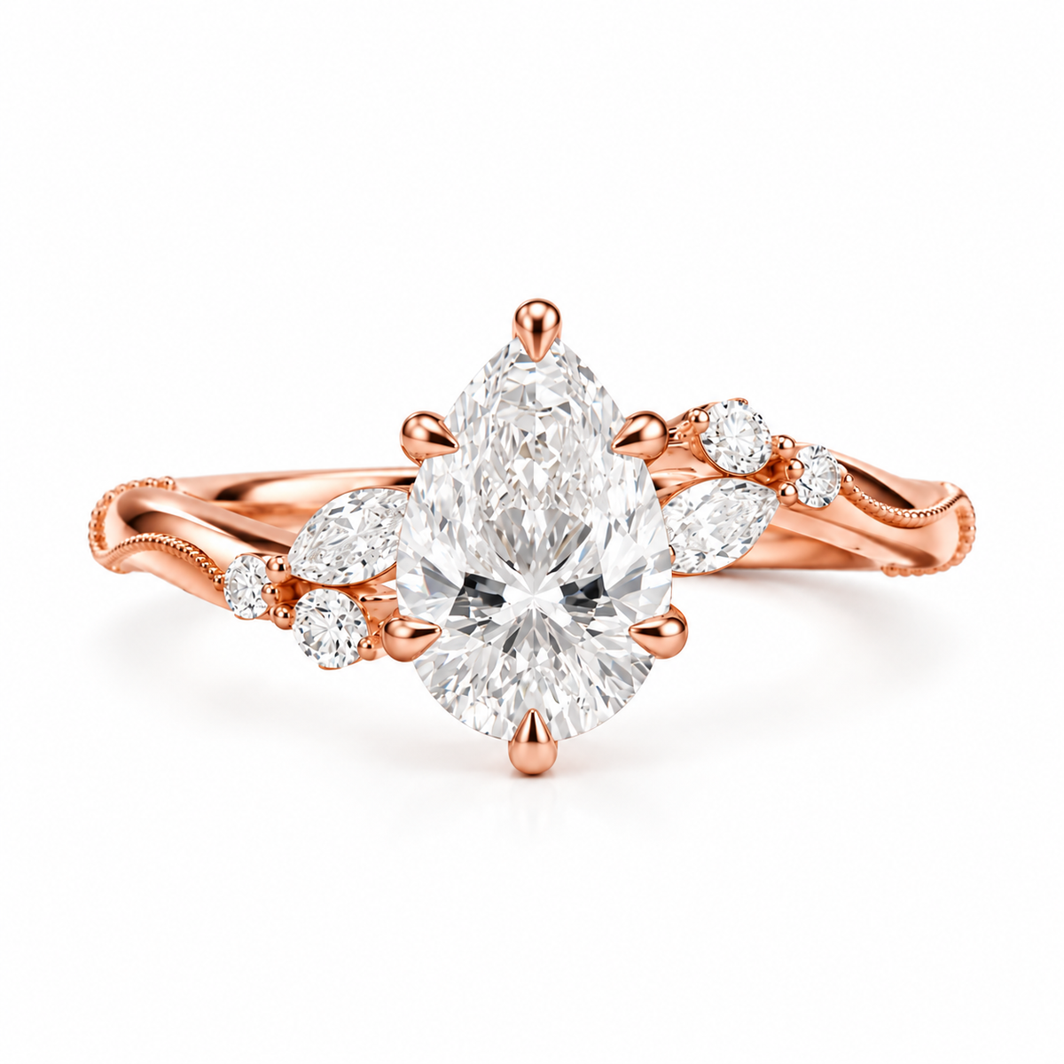 pear lab grown diamond engagement ring in gold, detail of the setting