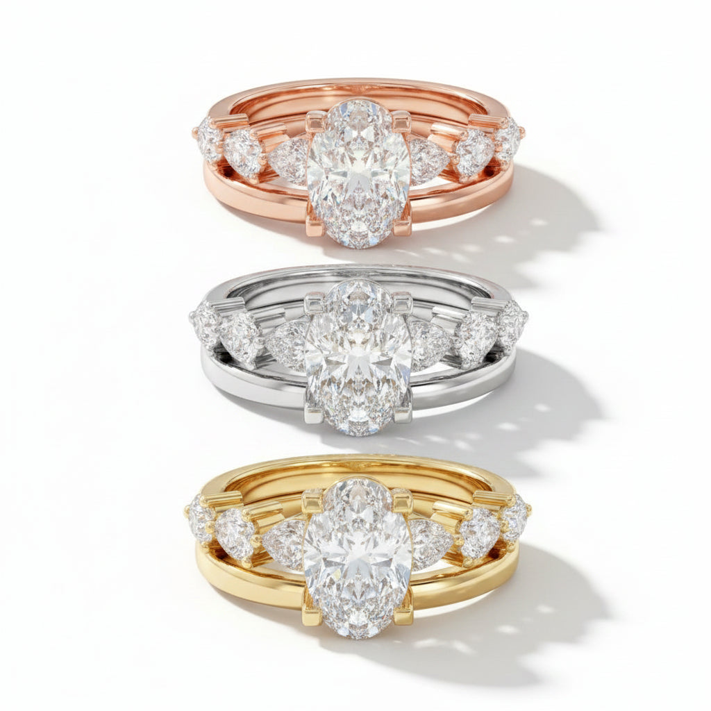 Oval Cut Lab Grown Diamond & Moissanite Three Stone Engagement Ring with Round Side Stones