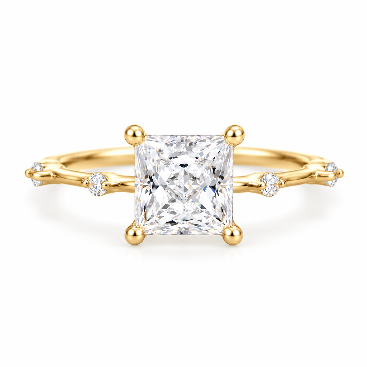 princess lab grown diamond engagement ring in gold, three-quarter view