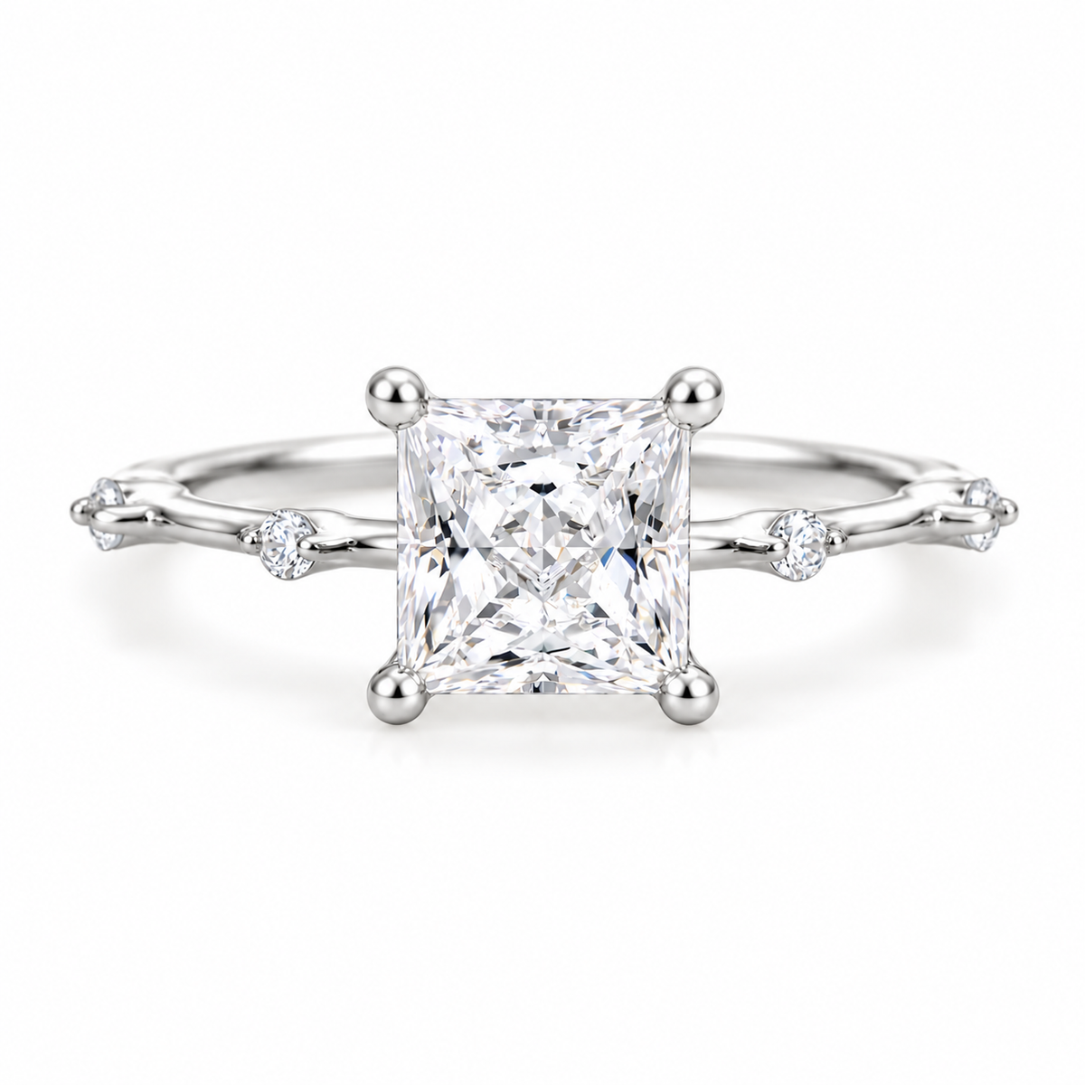 princess lab grown diamond engagement ring in gold, detail of the setting