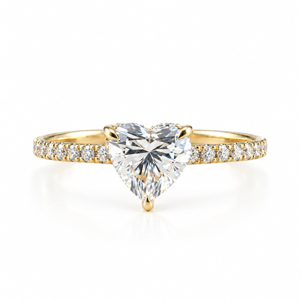 heart lab grown diamond ring in metal, top view