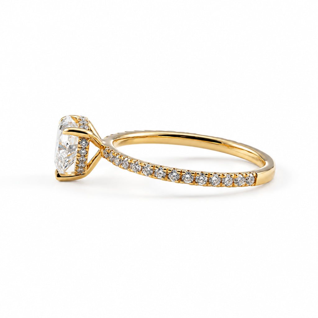 heart lab grown diamond ring in metal, side profile