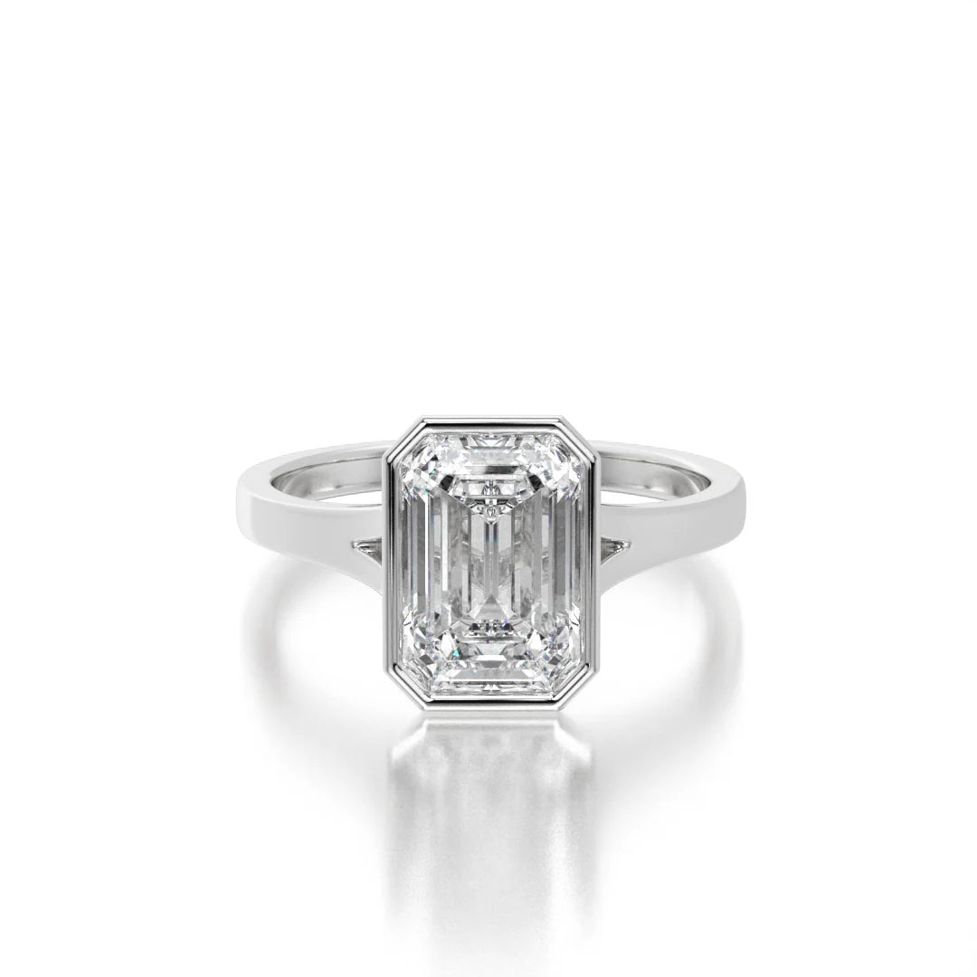 Emerald Cut Lab Grown Diamond & Moissanite Solitaire Engagement Ring – Bezel Setting