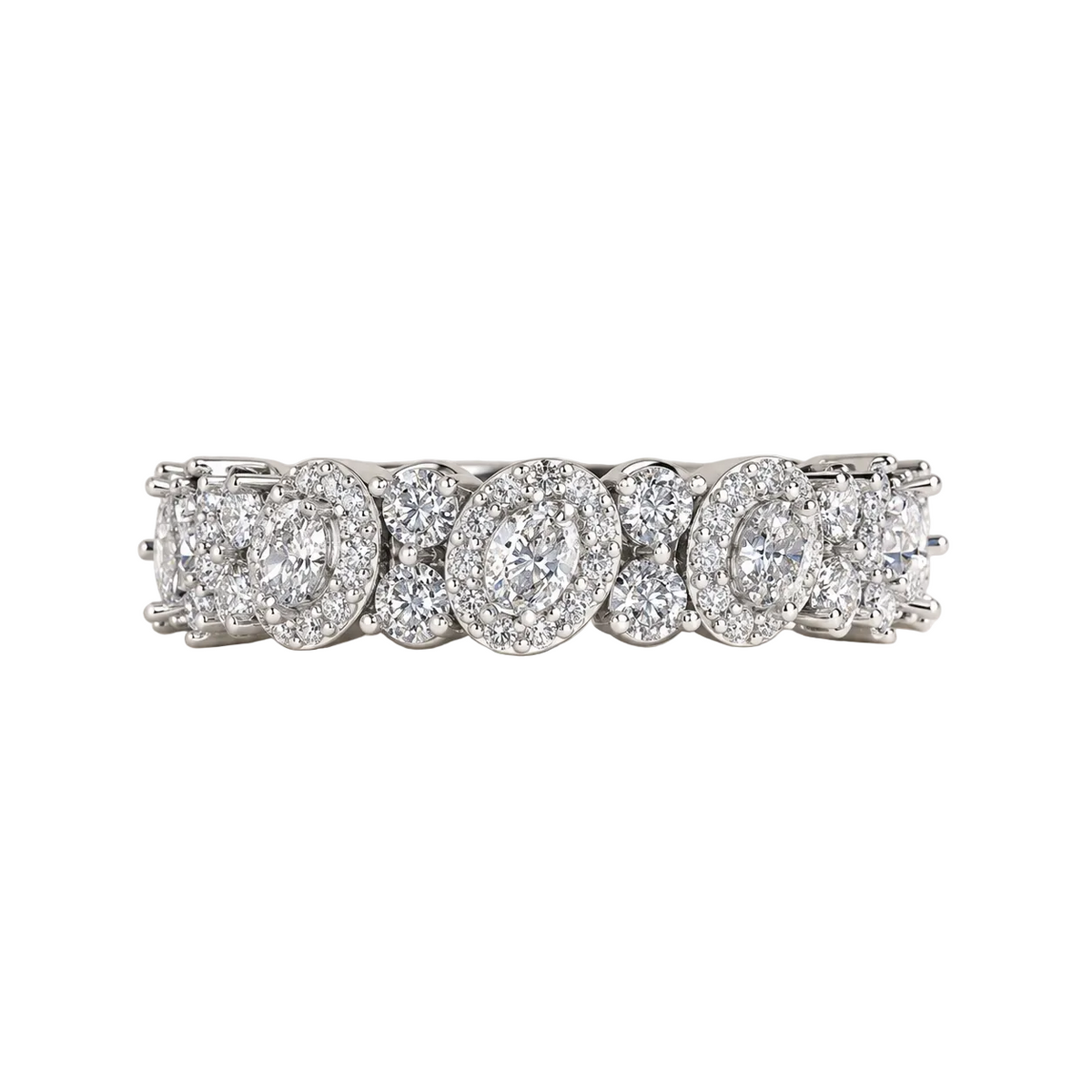 oval lab grown diamond wedding band in silver, three-quarter view